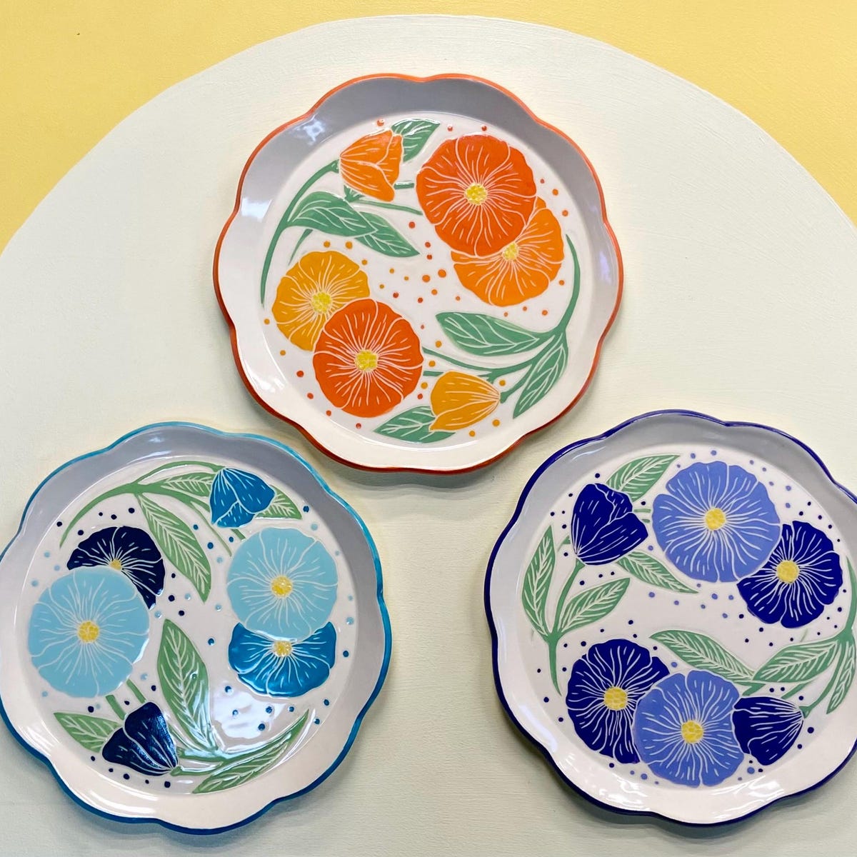 Scalloped Dinner Plate With Turquoise, Mint, and Deep Blue Green Flowers and Leaves Swirling - Etsy