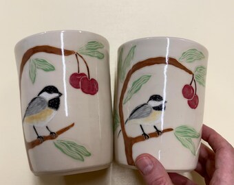 SPECIAL REQUEST ****Chickadee in A cherry tree Tumbler handmade cup