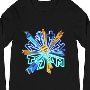 May include: Black long-sleeve shirt with a blue and yellow graphic design that says "Math Team".