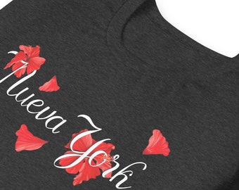 Red Hibiscus 'Nueva York' Unisex Short Sleeve Shirt - In The Heights inspired t-shirt, NYC shirt, Washington Heights, Hibiscus Shirt