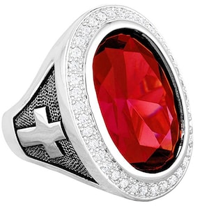 Ruby Cubic Zirconia Rhodium Plated Bishop Cross and Midre Ring | Free Priority Shipping | Shipped from CA USA | Clergy