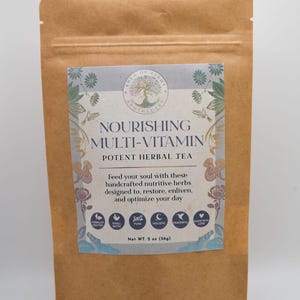 May include: A brown paper pouch with a label that reads "Nourishing Multi-Vitamin Potent Herbal Tea". The label features a tree with roots and branches, a circle with the words "Whispers of Light Apothecary", and a variety of herbs and flowers. The label also includes the text "Feed your soul with these handcrafted nutritive herbs designed to, restore, enliven, and optimise your day". The label also includes the text "Net WT. 2 oz (56g)".
