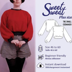 Peut inclure: Sweat-shirt rouge avec bordure noire et short assorti. L'image comprend un patron pour un haut "Sweet Sweat" grande taille, tailles 46 à 60, et mentionne qu'il est facile pour les débutants avec un téléchargement instantané.