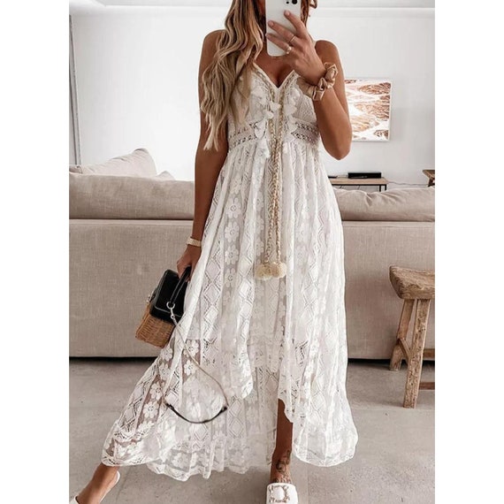 Boho Maxi Dress Lace up Dress Sundress Embroidered Dress Beach - Etsy