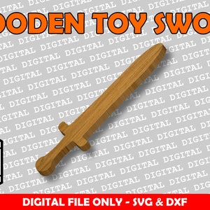 May include: A wooden toy sword with a simple design. The sword is light brown and has a rounded tip. The image includes the text "WOODEN TOY SWORD" and "HANDMADE HOOFROG DESIGNS CRAFTS".