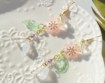 Pink Flower Earrings Dangle with Leaf, Aesthetic Floral Earrings, Non-Pierced Earrings, Christmas Earrings, Sakura Earrings, Plant Earrings