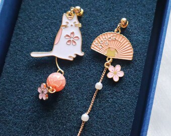 Mismatched Cat&Fan Drop Earring, Clip on Earrings, Cat Dangle Earring, Sakura Drop Earring, Japanese Earring, Flower Earring, Gift for her