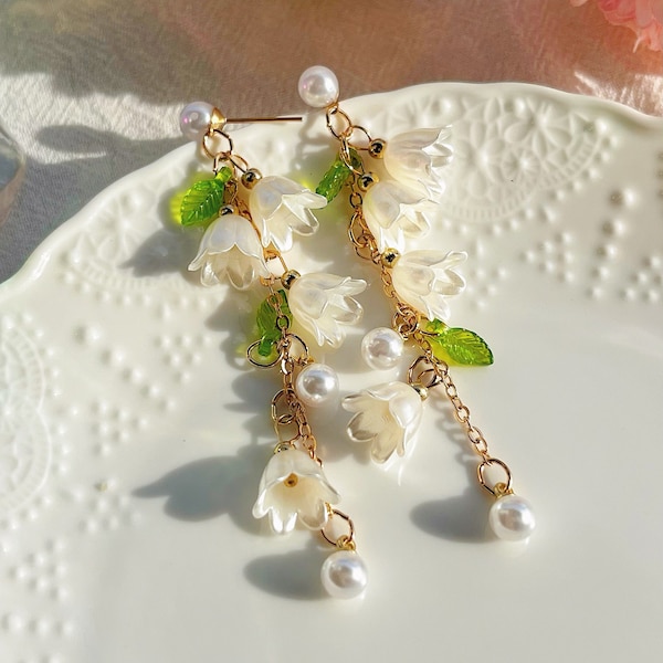 Cute Lily of the Valley Earrings, White Flower Earrings, Cute Flower Dangle Earrings, Unique Gifts for Her, Non Pierced Earrings Available