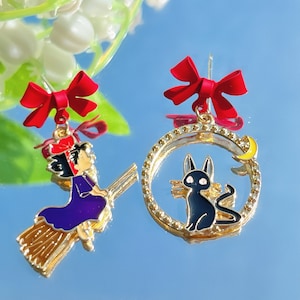 Kiki’s Delivery Service Earrings, Non Pierced Earrings, Cute Cat Earrings, Anime Earrings, Black Cat Earrings, Gift for Her, Cute Earrings