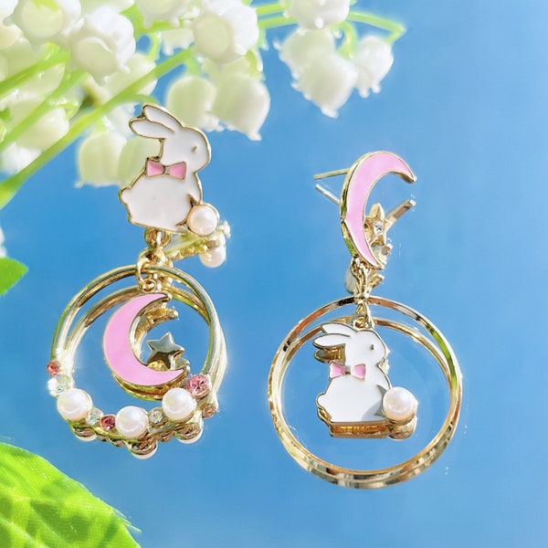 Mismatched Bunny Dangle Earrings, Crescent Moon and Star Earrings, Cute Earrings, Non Pierced Earrings, Christmas Gifts, Bunny Earrings