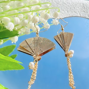 Gold Japanese Folding Fan Dangle Earrings, Non Pierced Ears Available, Japanese Fan Earrings Dangle, Christmas Earrings, Aesthetic Earrings