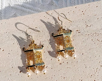 Gold Japanese Pagoda Earrings Dangle, Aesthetic Asian Earrings, Zen Earrings, Unique Gift for Her, Non-Pierced Earrings, Japanese Earrings