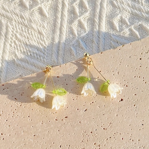 Cute White Lily of the Valley Earrings, Non-Pierced Earrings, Flower Dangle Earrings, Flower Earrings, Aesthetic Earrings, Gift for Her