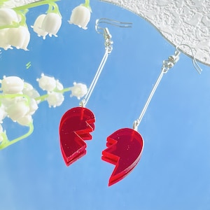 Acrylic Red Broken Heart Earrings, Anime Earrings, Heart Earrings, Red Heart Earrings, Fun Earrings, No Pierced Earrings, Gift for Her