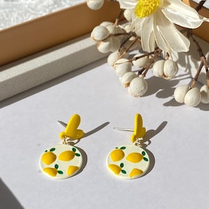 Vintage Earrings| Yellow Lemon Round Glaze Ceramic Earrings with Cute Heart Shape Backs