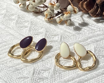 Boucles d'oreilles vintage| Créoles en or avec céramique émaillée