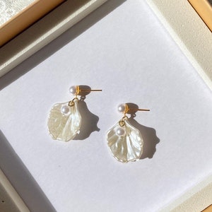 Statement Earrings| White Shell Dangle Earrings with Pearl