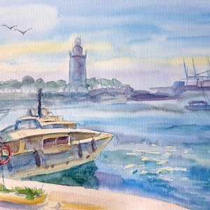 Original author&#39;s painting &quot;Port of Malaga&quot;. Aquarel on paper