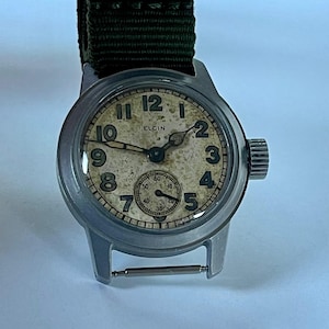 Elgin U.S. Military Star Case 1917-H Tropical Dial S/Steel Cal 554 15 Jewel WWII Trench Watch 1944