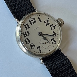 Elgin Silver Trench Military Driver Antique WWI White Porcelain Dial Made in USA 1914