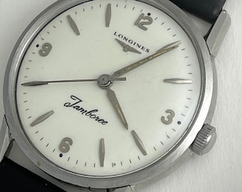 Longines Jamboree vit urtavla Cal.280 Vintage skruvad baksida rostfritt stål Schweizisk tillverkning 1963