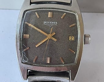 Hoverta Rotomatic - Reloj automático con calendario y fecha, esfera negra, acero inoxidable, fabricado en Suiza, años 70