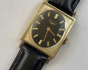 Longines Art Deco Style Rectangular 10K Gold Filled Black Dial Vintage Swiss Made 1960