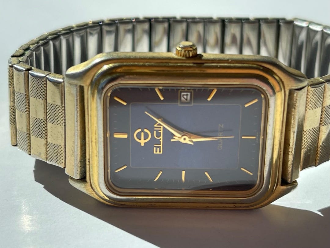 Elgin Calendar Date Two Tone Blue Dial Gold Capped Rectangular Vintage ...