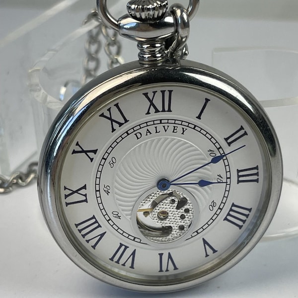 Dalvey Open-Heart Two Tone Textured Dial Display Back Stainless Steel Vintage Pocket Watch FOB Chain 2006