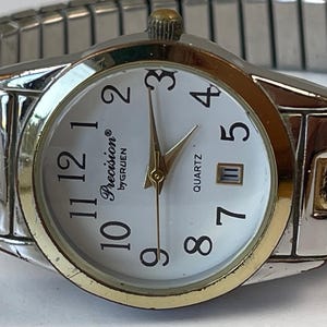 Präzision von Gruen Damen Kalender Datum Zwei Ton Gold / Edelstahl Weißes Zifferblatt Vintage 1990