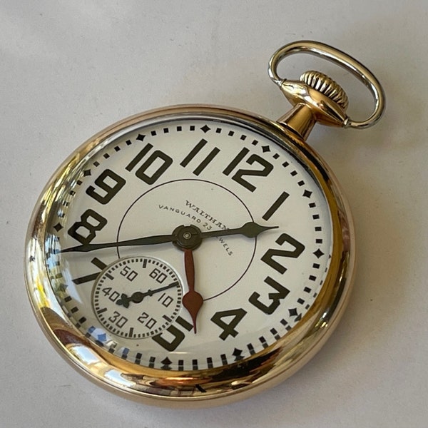 Waltham Vanguard Railroad Duel Time Chronometer Antique Pocket Watch Montgomery Porcelain Dial  14K Gold Filled  Made in  USA 1919