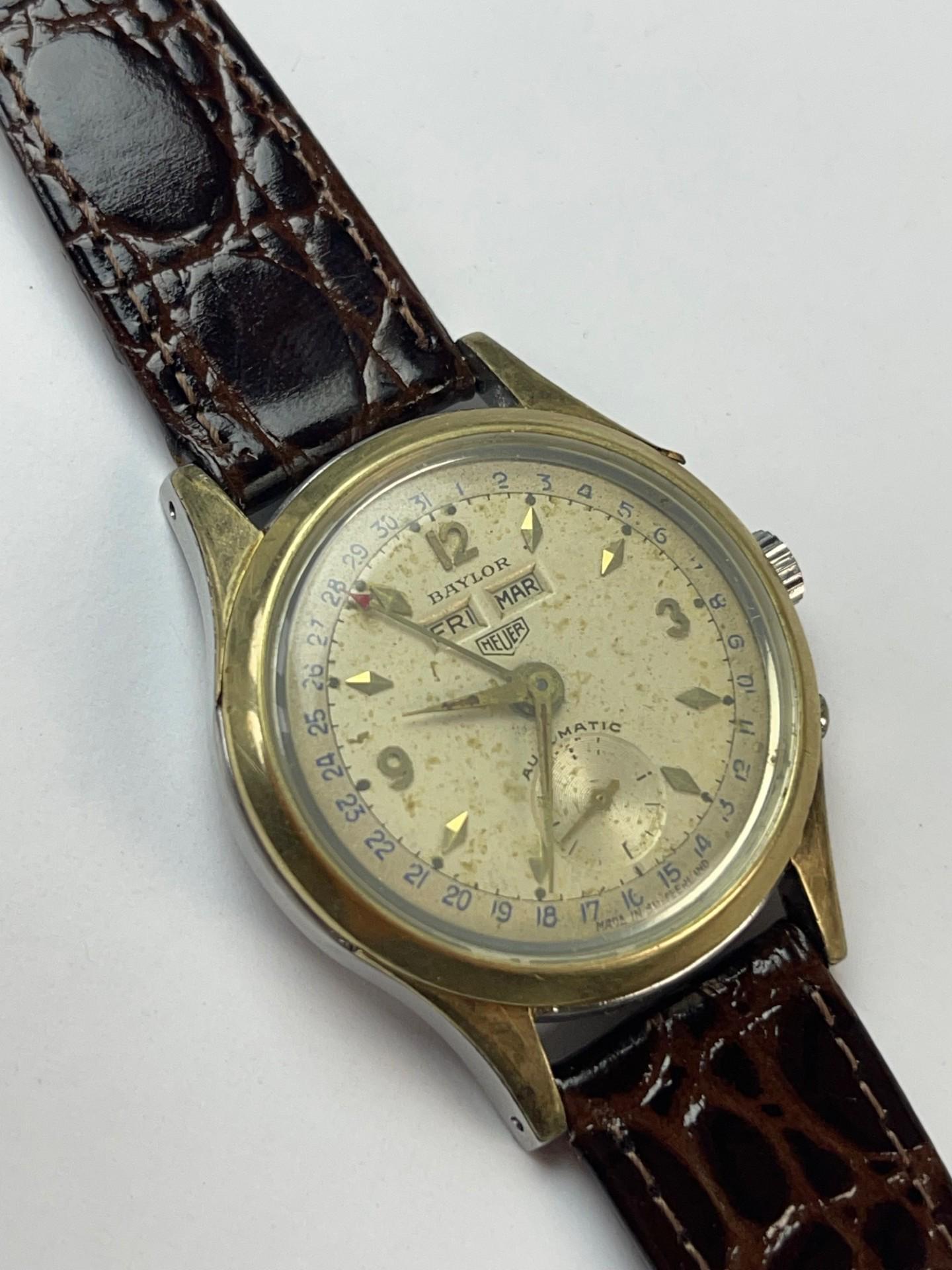 【1950s】BAYLOR OH済 ヴィンテージ腕時計 Heuer Baylor Triple Calendar Automatic Gold Filled Bezel Stainless