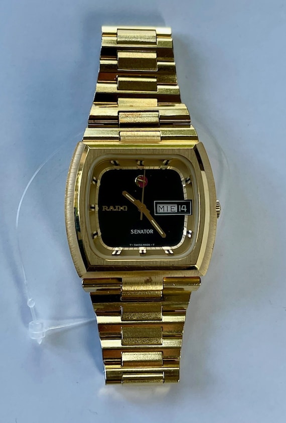 Rado Senator Gold Quick Set Calendario tapado Automatico Dia Fecha Cuadrado TV3D Esfera negra de dos tonos Fondo de caja atornillado Vintage Hecho en Suiza 1984 Etsy Espana
