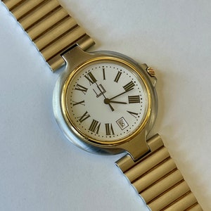Alfred Dunhill Millennium Kalender Datum Tvåfärgat Guld Rostfritt Stål Vintage Stor 37 mm Schweizisk Tillverkad 2000