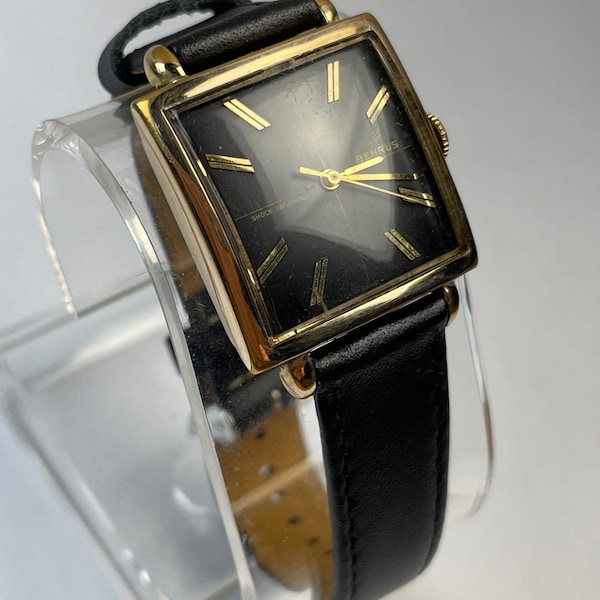 Benrus Art Deco Rectangular Gold Gapped Bezel Stainless Steel Back Black Dial Vintage Swiss Made 1951