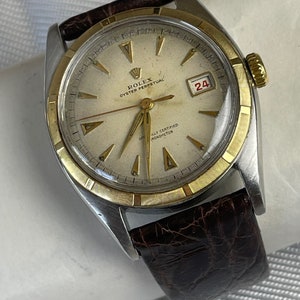 Rolex Oyster-Perpetual Officially Certified Chronometer Ovettone Bubble Back  Automatic Red Date Solid 14K(585) Gold Stainless Steel Vintage