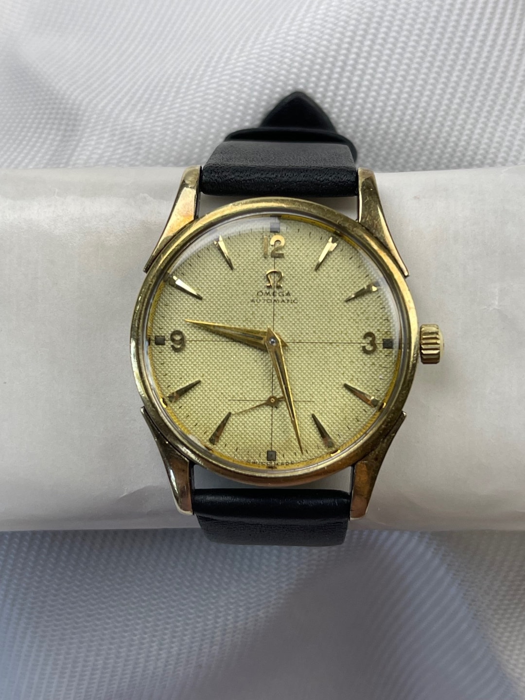 Omega Bumper Automatic Textured Dial Solid 14k(585)rose Gold Bezel Lugs ...