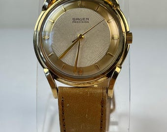 Gruen Precision Fancy Lugs TwoTone Textured Starburst Dial Gold Capped Stainless-Steel Back Pie Pan Must be Cartier Strap Vintage Swiss Made