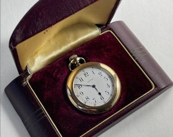 Waltham Antique 14K Gold Filled Safety Barrel Two Tone Porcelain Dial Pocket Watch Original Box Made in USA 1912