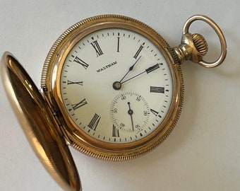 Waltham Gold Capped Hunter Case Savonette Antique Pocket Watch Safety Barrel White  Porcelain Dial Roman Numbers Coin Edge Case Made in USA