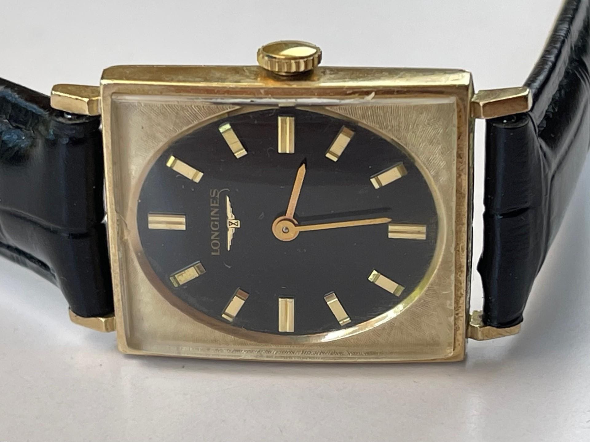 Longines Art Deco Style Rectangular 10K Gold Filled Black Dial