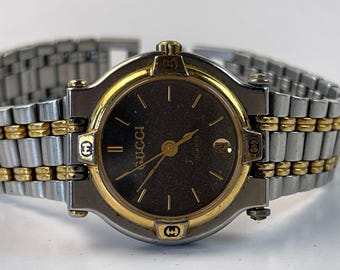 Vintage Gucci 9000L Black Slate Dial Two-tone Quartz Ladies Watch