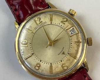 Jaeger-LeCoultre Memodate - Reloj de pulsera con alarma, calendario y fecha, bañado en oro de 10 quilates, esfera bicolor, fabricado en Suiza en 1965.