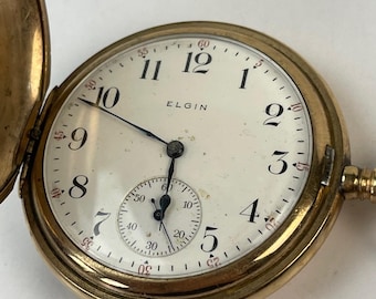 Elgin Warranted 20Years Hunter Case Gold Filled Antique Pocket Watch Savonette Two Tone White Porcelain Dial Size 16S Made in USA 1913
