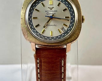 Wittnauer Geneve Longines Automático Calendario Fecha Caja Cojín Esfera de Dos Tomos Vintage Hecho en Suiza