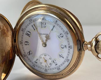 Reloj de bolsillo antiguo Elgin con garantía de 25 años, caja Hunter, chapado en oro de 14 quilates, esfera Savonette ornamentada con arabescos, fabricado en EE. UU. en 1901.