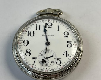 Reloj de bolsillo antiguo de esfera abierta Hamilton 10K White Gold-Lated Montgomery con esfera de porcelana, cronómetro ajustado de grado 956, fabricado en EE. UU.