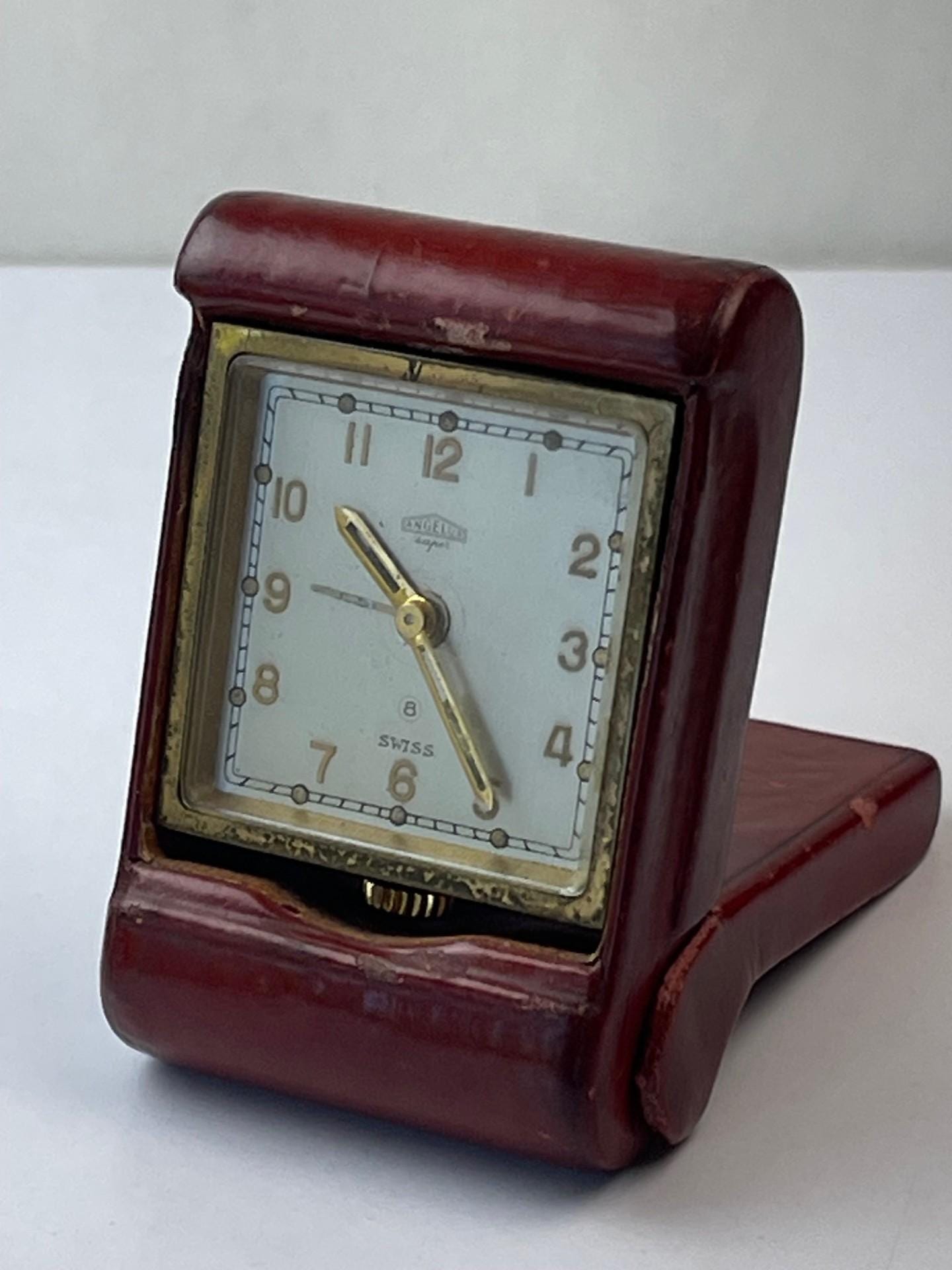 ANGELUS MIDGET 時計目覚まし 不動、アラーはム可動 スイス製 Angelus Super 8-day Alarm Travel Clock Folding Red Leather Case