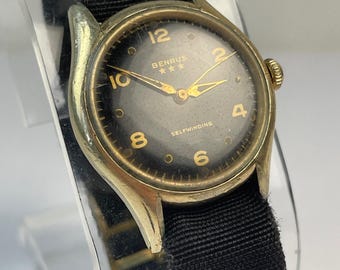 Benrus 3 Star Selfwinding Automatic Military Pilot Aviation Korean War Era Black Dial Automatic Outer Seconds Track Vintage Swiss Made