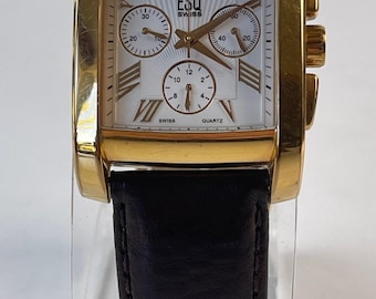 ESQ By Movado Cronografo Calendario Data Quadrante bicolore testurizzato Cinturino originale Fibbia vintage placcata oro Quadrato Jumbo Swiss Made 2006